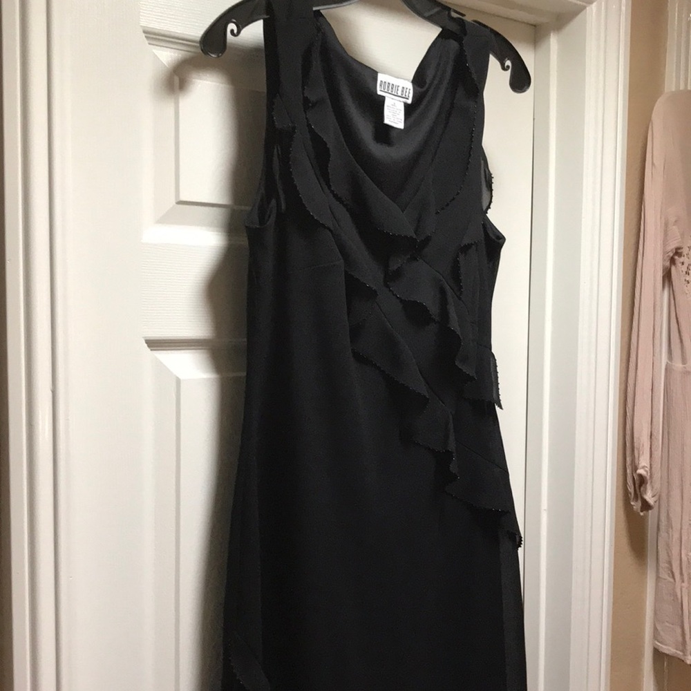 Robbie Bee Black Midi Dress with Beaded Ruffles Woman’s Size 12
